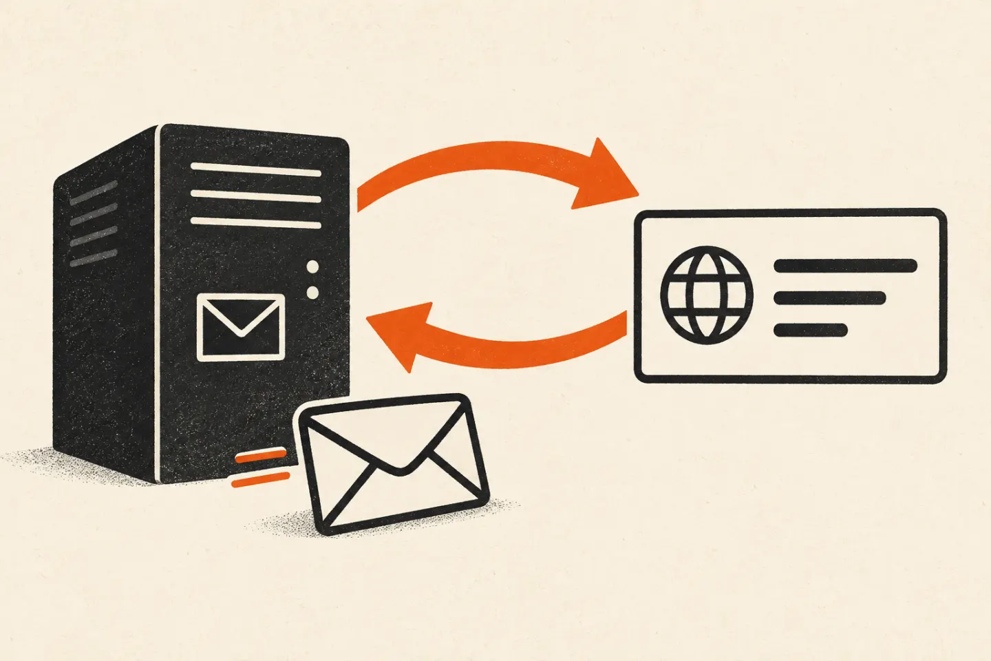 Illustration: a mail server and an address card connected by two orange arrows pointing in opposite directions.