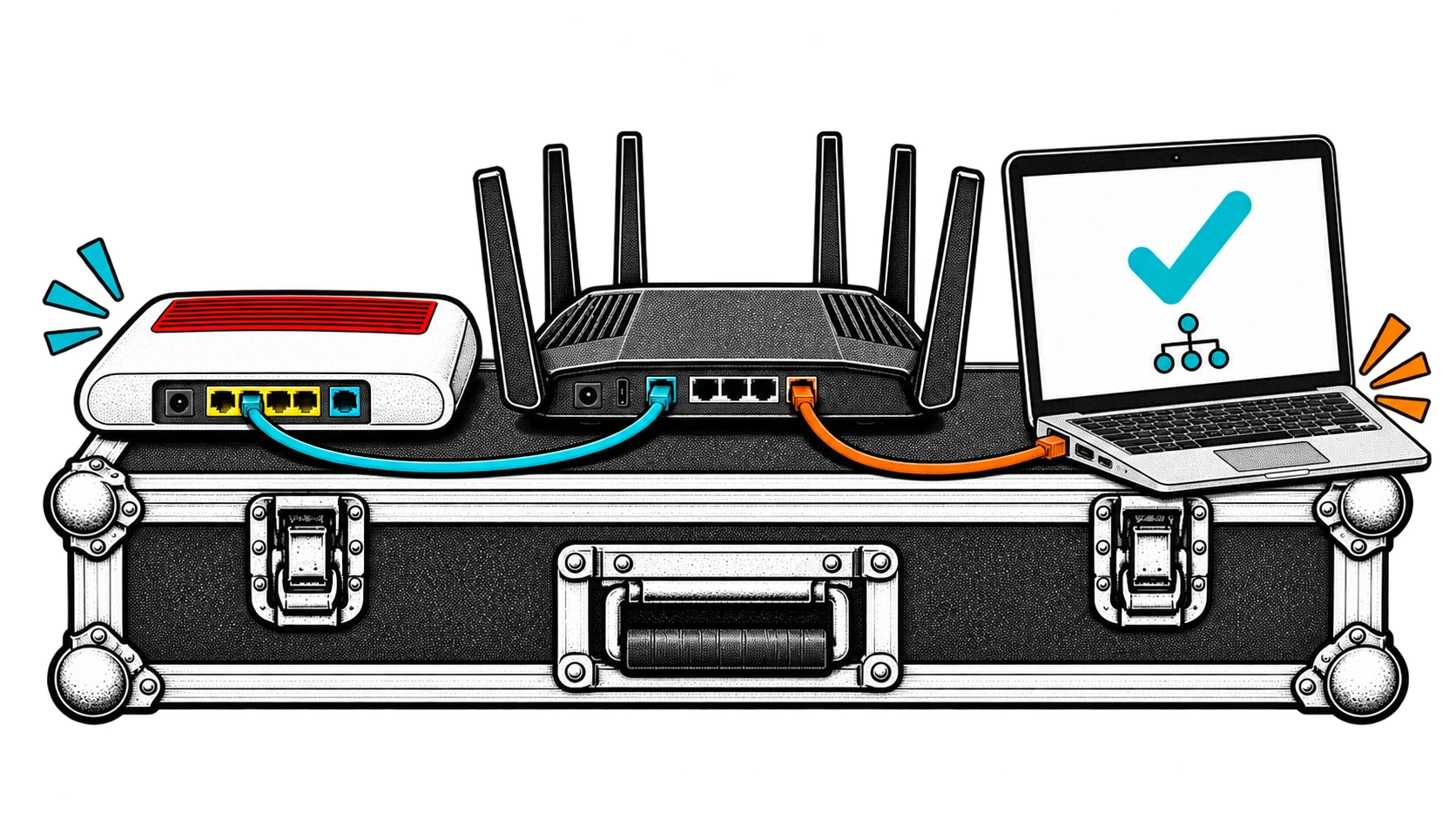 Netzwerktest mit FRITZ!Box, Synology Router und Laptop