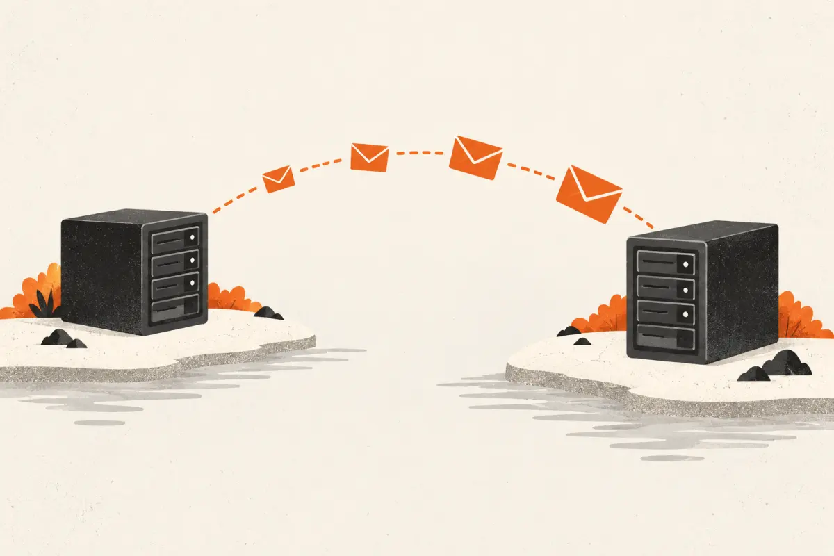 Illustration: E-Mails werden zwischen zwei getrennten NAS-Systemen gesichert.